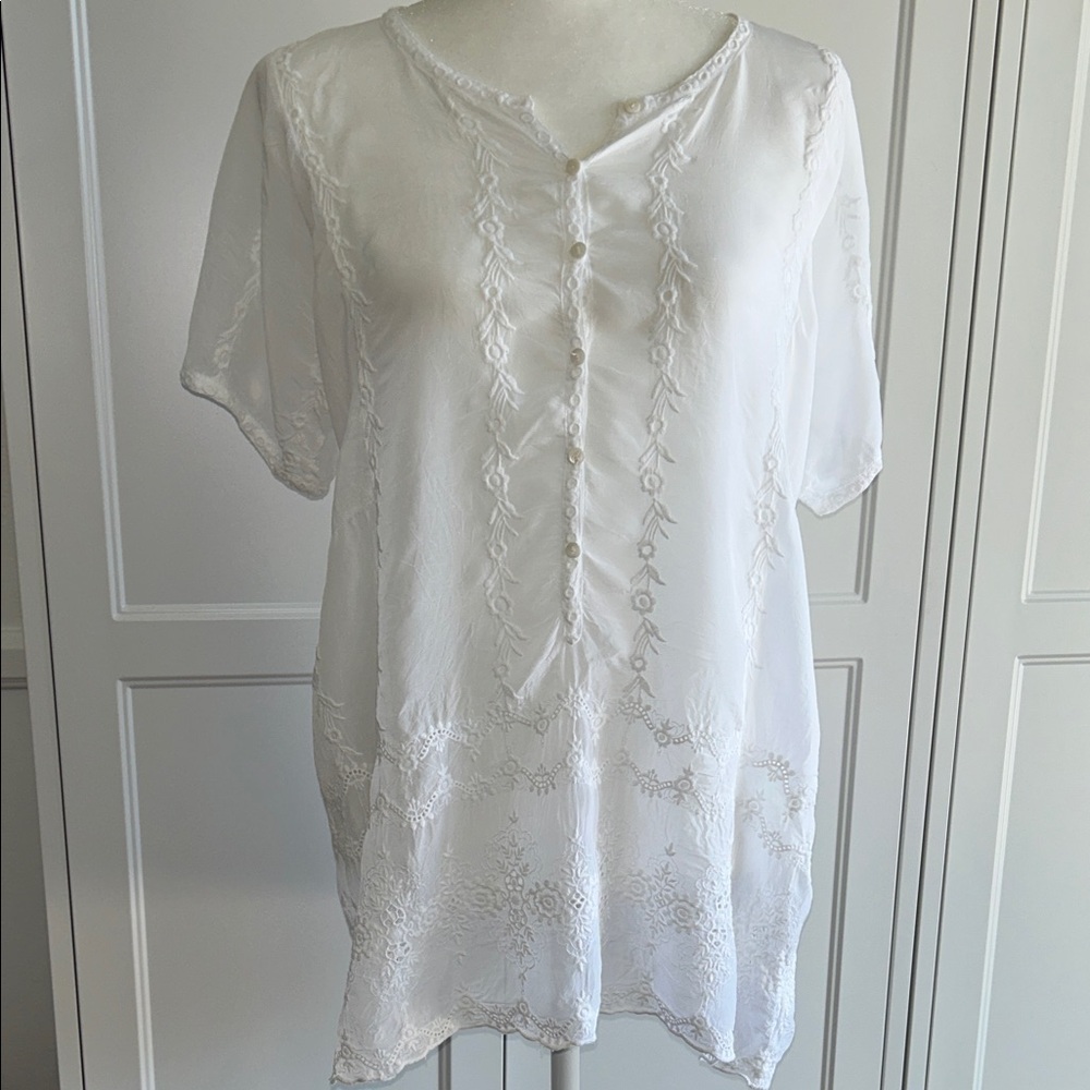 Sheer White JOHNNY WAS Floral Eyelet Tunic Blouse
